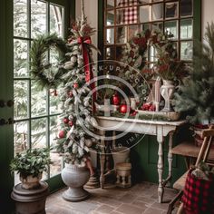 christmas wreaths and other holiday decorations are displayed in front of a window with green shutters