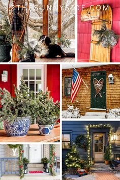 four different pictures with plants and decorations in front of the house, including christmas trees