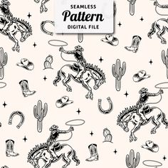 seamless pattern with horses, cactuses and cowboy hats in black on a white background