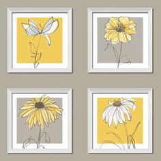 four yellow and white flowers are shown on the wall in front of a gray background