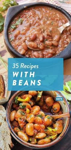 three bowls filled with beans and bread on top of a wooden table next to each other