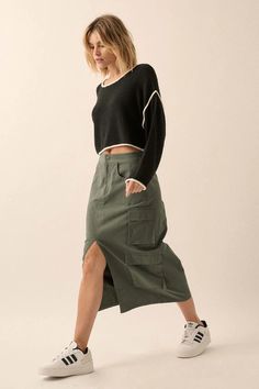 Solid twill midi skirt.Zip up fly and waist button closure.Hip pockets.Side cargo pockets.Front slit.Elastic-back waist.Calf length.Relaxed fit.100% Cotton.Imported. Designed in LA.Model wears size S. Midi Pencil Skirt, Practically Perfect, Cargo Skirt, Midi Skirt Pencil, Pine Green, Vintage Canvas, Iron Decor, Pencil Skirt, Midi Skirt