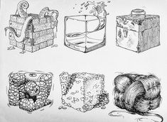 an ink drawing of various objects and things that are in the process of being drawn