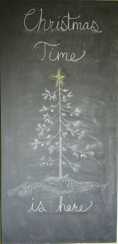 a chalk board with a christmas tree drawn on it's side and the words, christmas time is here