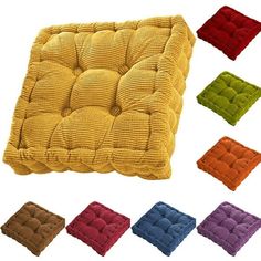 four different colors of square seat cushions in various sizes and shapes, all with the same color