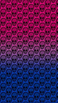 an abstract pattern with black and pink skulls on blue, red, and purple background