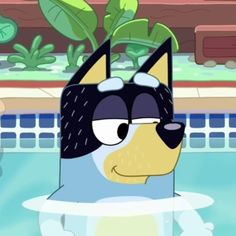 a cartoon dog in a pool with plants