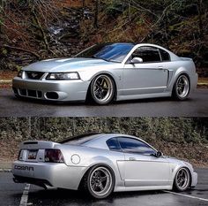 two pictures of a silver car parked in a parking lot