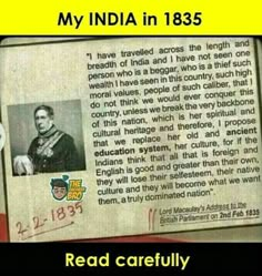 a newspaper article with an image of a man in uniform and the caption reads, my india in 1853 read carefully