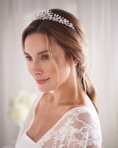 Aspen Pearl & Crystal Tiara - Shop Bridal Headpieces | Dareth Colburn Crystal Headpiece Wedding, Tiara Silver, Crystal Bridal Headpiece, Crystal Wedding Tiaras, Crystal Bridal Tiaras, Burgundy Bridesmaid, Crystal Tiara, Tiara Hairstyles, Crystal Tiaras