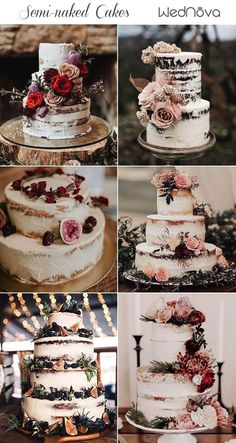 wedding cakes with flowers and leaves on them are shown in four different pictures, including the cake