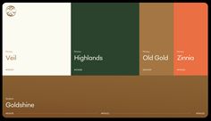 four different color palettes with the words, from highlands to old gold and zinna