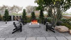 a fire pit surrounded by black chairs and trees in a garden with stone pavers