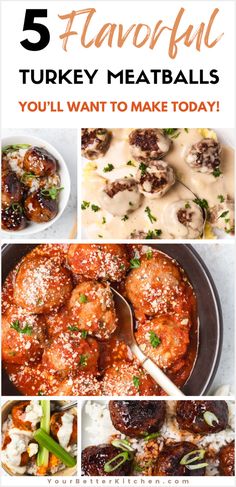 turkey meatballs with sauce and gravy in the middle, on top of a plate