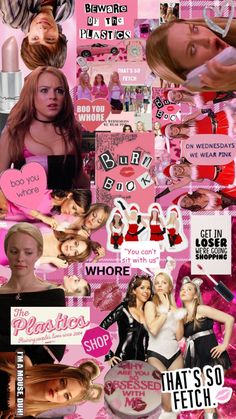 the collage has many different pictures and words on it, including pink background with black letters