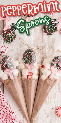 three cones filled with marshmallows and peppermint sprinkles