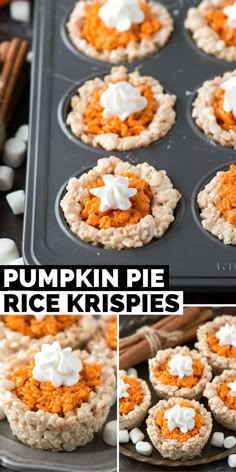 mini pumpkin pie rice krispie treats in a metal muffin pan with text overlay Rice Krispy Treats Thanksgiving, Rice Krispie Treat Halloween Ideas, November Food Activities For Kids, Rice Crispy Thanksgiving Treats, Pumpkin Pie Rice Crispy Treats, Rice Krispies Thanksgiving Treats, Thanksgiving Kids Treats Easy, Thanksgiving Rice Crispy Treat Ideas, Thanks Giving Sweet Treats