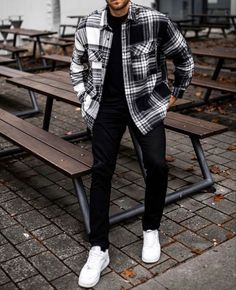 How To Style Flannel Men, Af 1 Outfit Men, Flannel Ideas Outfits Men, Mens Outfits Casual Street Style, Black And White Mens Outfit, Plaid Jacket Outfit Men, Flannel Shirt Outfits Men, Outfit Ideas For Men Casual, Checkered Shirt Outfit Mens