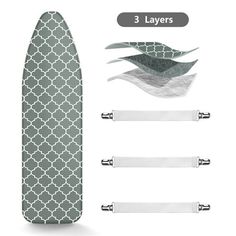 an ironing board with three layers and four different types of ironing cloths