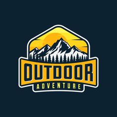 an outdoor adventure logo with mountains and trees in the background, on a dark blue background