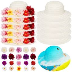 Color: multiple Material: straw Product size: hat diameter11 inches Package Includes: hat x 10 artificial flower x 60 Note: - Please refer to the measurement. Tiny measuring error is allowable in normal range. - There might be a little color difference due to the monitor, camera or other factors, please refer to the physical item. Size: One Size.  Color: Multicolor.  Gender: unisex.  Age Group: adult. Diy Tea Party Hats, Straw Hat Diy, Silk Flowers Diy, Diy Tea Party, Family Dress, Diy Straw, Diy Tea, Tea Party Hats, Straw Hats