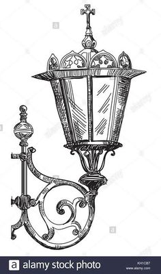 a drawing of a street light on a pole with an ornate design and decorative details