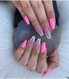 French Tip Nails With Blue, Nails With Blue And White, Nails With Blue, Lux Nails, Pink Tip Nails, Pink White Nails, Disney Acrylic Nails, Neon Pink Nails, Blue And White Nails