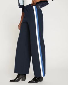 Stephanie Wide Leg Stripe Ponte Pants 33 Inch - Navy with Blue/White Stripe | Universal Standard Blue Athleisure Sweatpants With Side Stripes, Blue Cotton Sweatpants With Side Stripes, Blue Athleisure Bottoms With Side Stripes, Casual Navy Wide-leg Pants, Navy Cotton Athleisure Pants, Navy Straight Leg Athleisure Bottoms, Navy Sporty Bottoms For Spring, Sporty Navy Bottoms For Spring, Blue Sporty Bottoms With Contrast Stripes