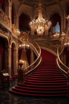 a red carpeted staircase with chandeliers and chairs