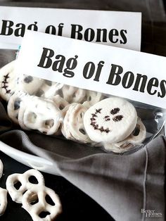 a screen shot of some cookies on a plate with a sign that says bag of bones snack mix