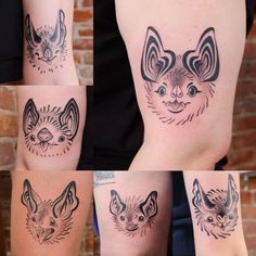 four different pictures of tattoos on the legs of people's legs, one with a cat and another with a dog