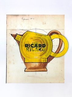 a drawing of a yellow teapot with the words richard picard on it's side