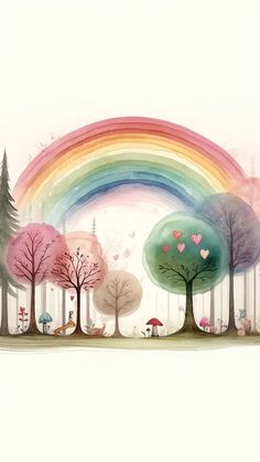 a painting of trees and a rainbow in the sky with hearts flying above them on a white background