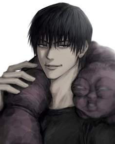 a drawing of a man with black hair wearing a fur coat and holding his hand on his shoulder