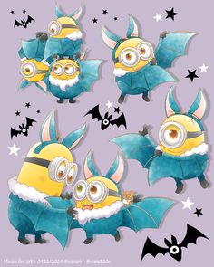 some cute little yellow and blue minion characters with bats on their backs, one is wearing