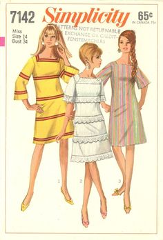 Simplicity 7142 Collarless A-Line Dress w Bell Shaped Sleeves Sz 14 CUT COMPLETE Tent Dress Sewing Pattern, 60s Dress Pattern, Vintage Prom Dresses 1950s, Dresses 60s, Vintage Clothes Patterns, Simplicity Patterns Dresses, Jacques Fath, 1960 Fashion, Dresses 1950s