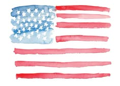 an american flag painted in red, white and blue watercolors on a white background