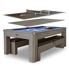 a ping pong table with two benches underneath it and a pool table in the middle