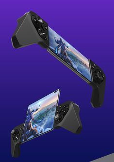 two video game controllers are shown with the same image as they appear to be floating in the air