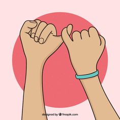 two hands with wristbands raised up in front of a pink background and red circle