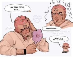 a cartoon depicting two men with different facial expressions, one holding a heart shaped object