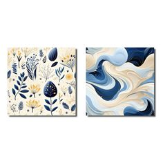 two paintings with blue and white designs on them