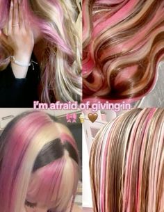 Dyed Hair Chunky Highlights, Green Hair With Blonde Highlights, Hair Color Ideas Chunky Highlights, Hot Pink Hair Dye Ideas, Hair Dye Inspo Highlights, Dark Pink And Black Hair, Chunky Highlights Asian, Curly Brown Hair With Pink Highlights