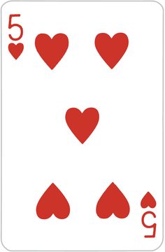 the five of hearts playing card is shown in red and white, with numbers on each side