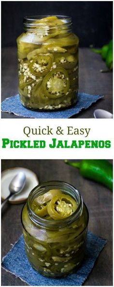 pickled jalapenos in a jar with the words quick and easy pickled jalapenos