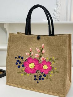 Kaki Casual Collar  Polyester Blocs de couleur,Halloween,Lettres Sacs à poignée Embellished Flower Bags, Simple Tote Bag, Summer Tote Bag, Canvas Bag Design, Handmade Fabric Bags, Burlap Tote Bags, Burlap Tote