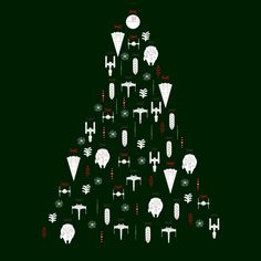 a christmas tree made out of different types of objects on a black background with red and white dots