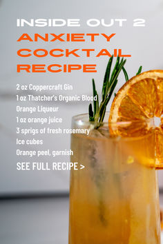 an orange cocktail with rosemary garnish on the rim and text inside out 2