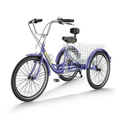 a blue bicycle with a basket on the front and back wheel, parked against a white background