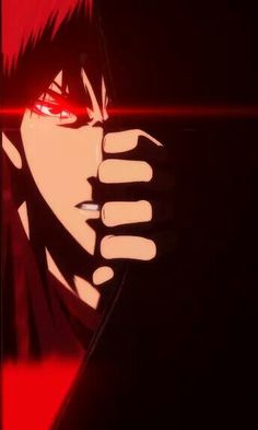 an anime character with red eyes and black hair holding his hand up to his face